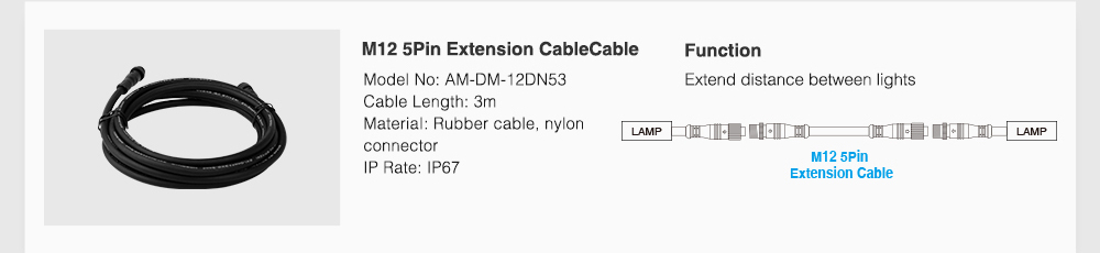 MiBoxer M12 5Pin extension cable: Image showing the 3-metre M12 5Pin extension cable for DMX512 systems