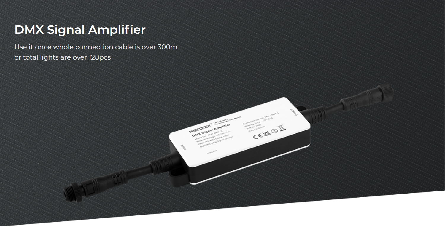 MiBoxer DMX signal amplifier front view: Image showing the front of the amplifier, highlighting its sleek, compact design.