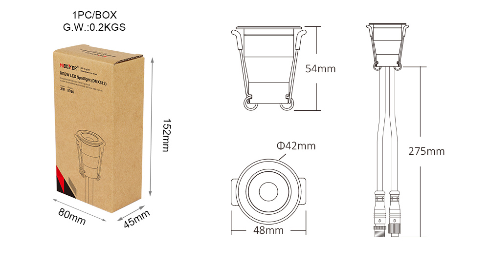 Diagram showing dimensions and installation guide for the MiBoxer 3W RGBW LED spotlight.