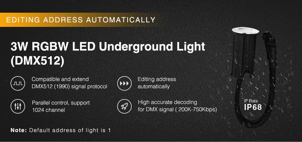 MiBoxer 3W RGBW underground light banner: Product banner highlighting DMX512 control, IP68 rating, and automatic address editing.