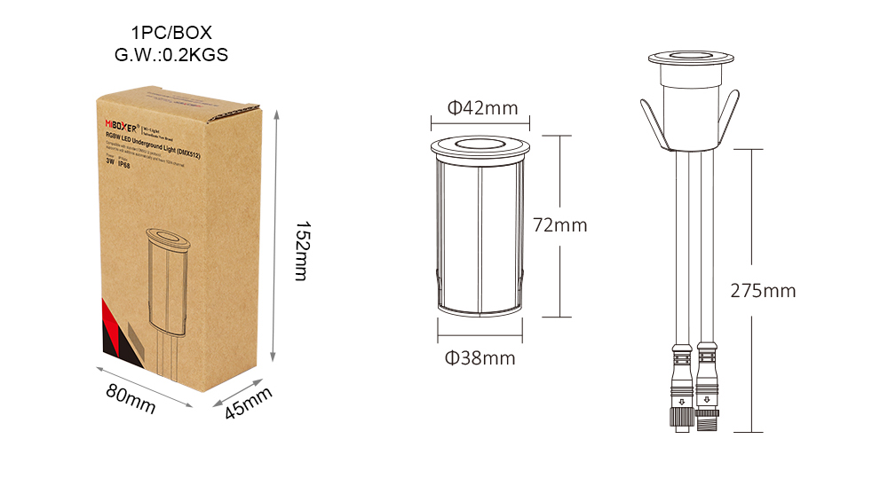 MiBoxer 3W RGBW light dimensions: Diagram showing the light's measurements and packaging dimensions for installation.