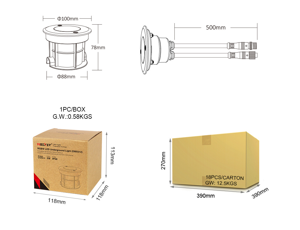 MiBoxer light dimensions: Diagram showing the MiBoxer 5W RGBW underground light and its packaging dimensions.