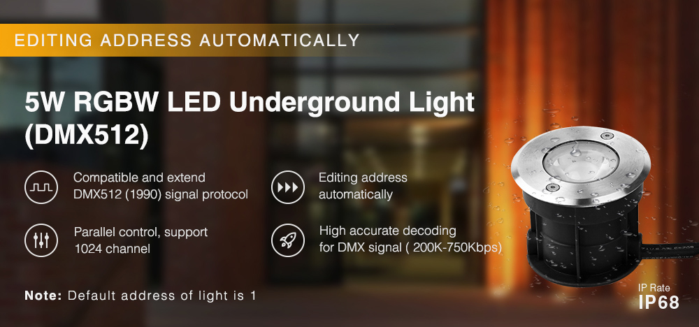 MiBoxer 5W RGBW light banner: Product banner highlighting DMX512 control, automatic address editing, and IP68 rating.