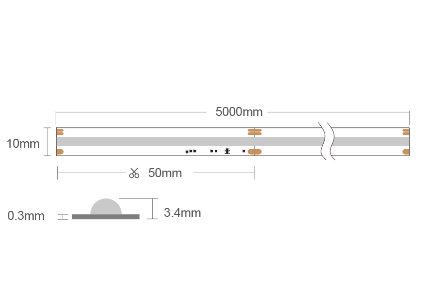 Technical diagram of MiBoxer LED strip showing 5000mm length, 10mm width, 50mm cutting points, and 3.4mm thickness with a flexible profile.