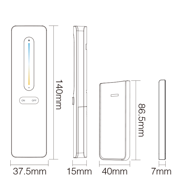 Technical diagram of the MiBoxer C3 Colour Temperature Remote showing dimensions: 140mm height, 37.5mm width, and 15mm depth, with additional side and back views.