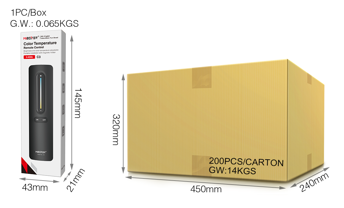 MiBoxer C3 Colour Temperature Remote in its packaging measuring 145mm height, 43mm width, and 21mm depth, alongside a large shipping carton containing 200 units, measuring 450mm x 240mm x 320mm, with a gross weight of 14kg.