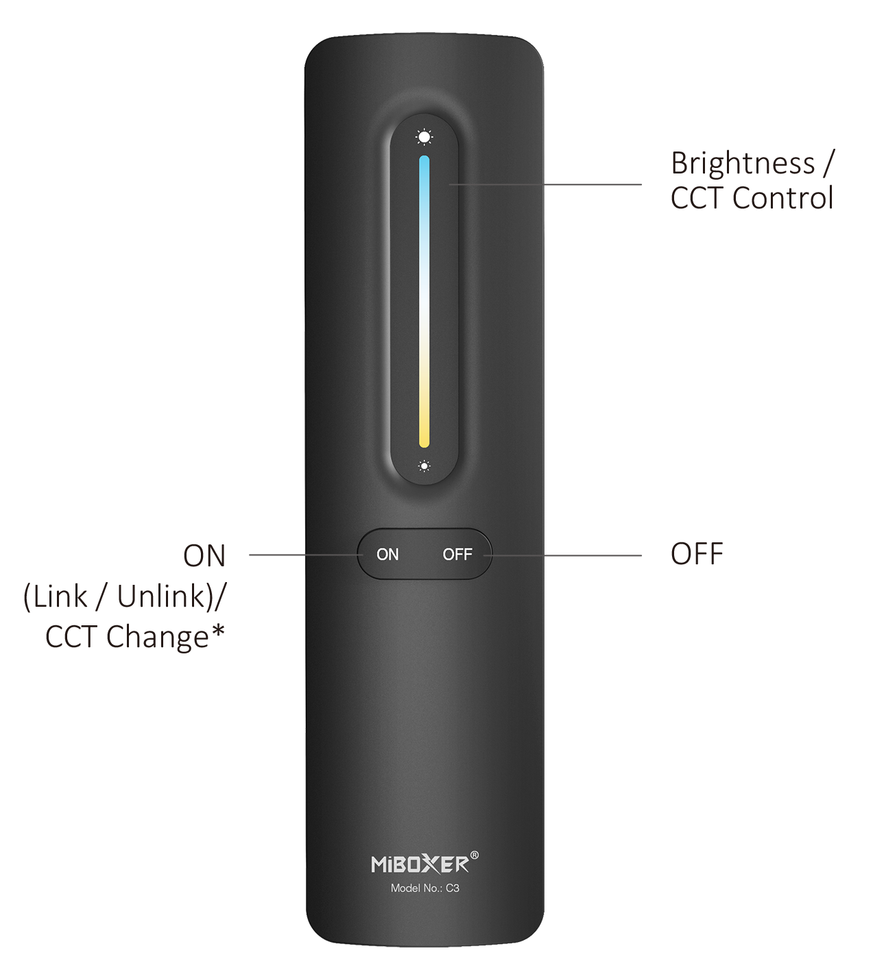 Front view of the MiBoxer C3 Colour Temperature Remote featuring a touch slider for colour temperature control, and two buttons for On and Off, with a sleek black finish.