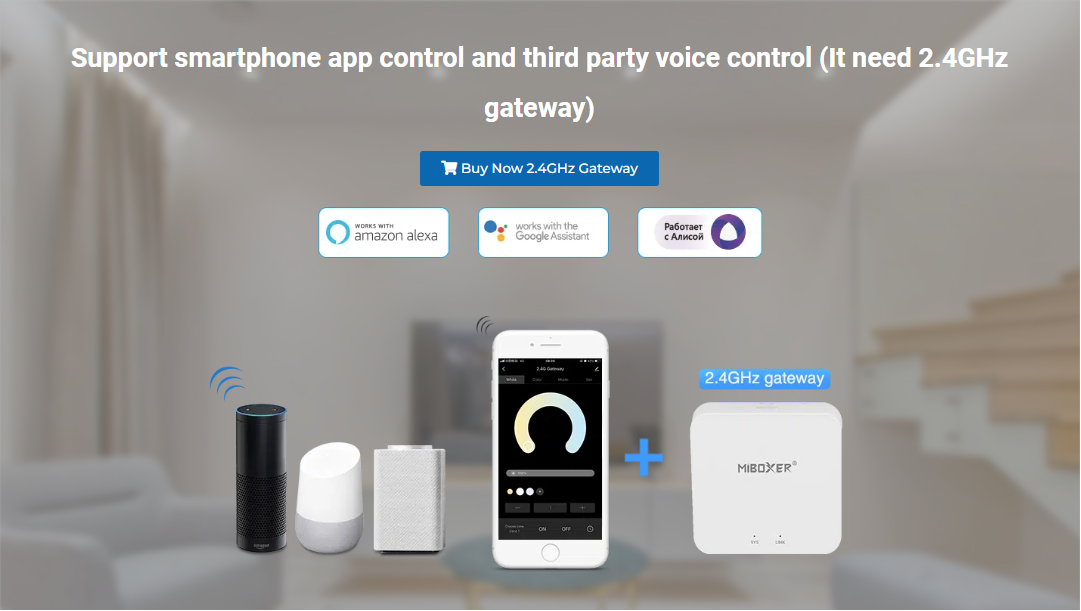 Support smartphone app control and third party voice control (It need 2.4GHz gateway)