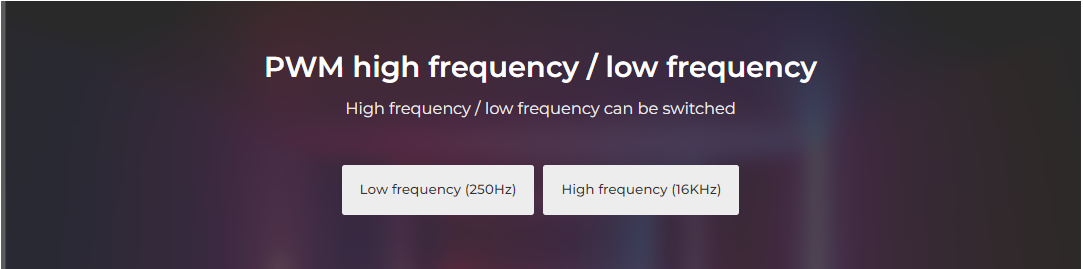 PWM high frequency/low frequency graphic on a gradient purple background. The header indicates the ability to switch between high and low frequencies.
