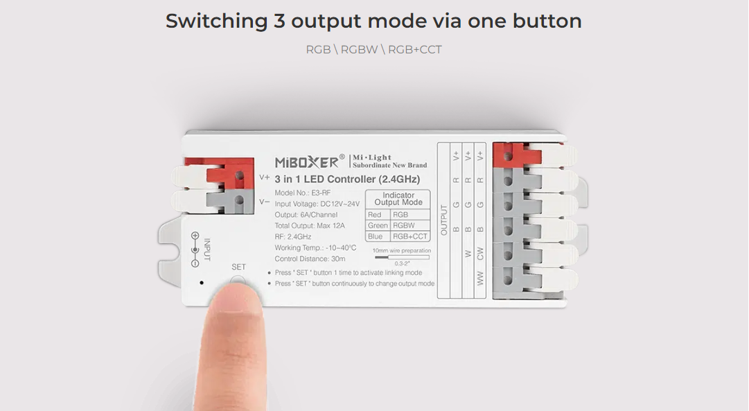 Switching 3 output mode via one button RGB \ RGBW \ RGB+CCT