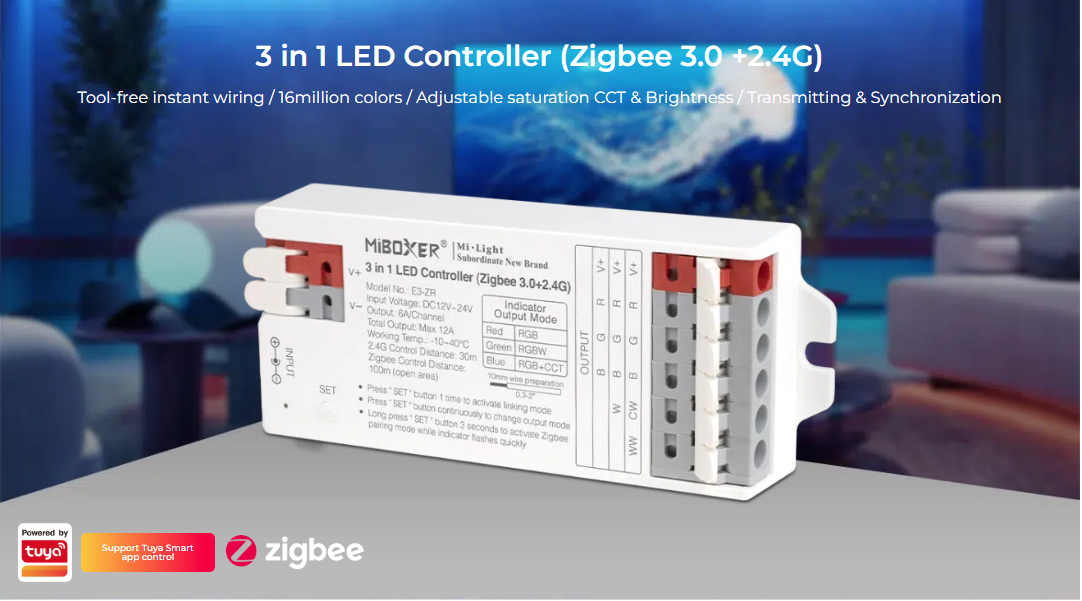 A 3-in-1 LED Controller by MiBOXER, supporting Zigbee 3.0 + 2.4G. Features include tool-free wiring, 16 million colours, adjustable CCT & brightness. Powered by Tuya with smart app control.