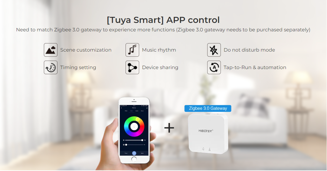 Image depicts "Tuya Smart" app features: smartphone with colorful interface, icons for scene customization, music rhythm, timing, sharing, DND mode, and automation. Zigbee 3.0 Gateway shown.