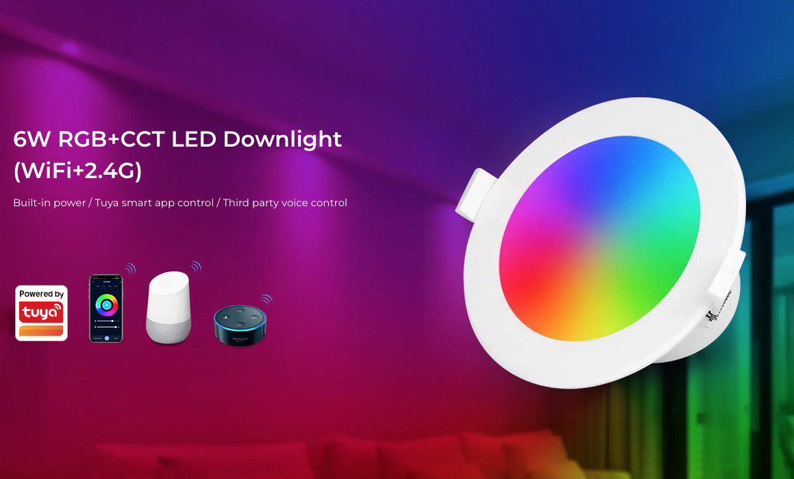 6W RGB+CCT LED Downlight with WiFi and 2.4G control, compatible with Tuya smart app and third-party voice control systems like Amazon Alexa and Google Assistant.