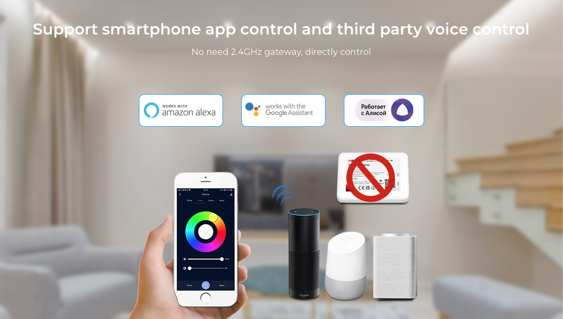 Smartphone app and voice control compatibility for MiBoxer 6W RGB+CCT LED Downlight, with support for Amazon Alexa, Google Assistant, and more.