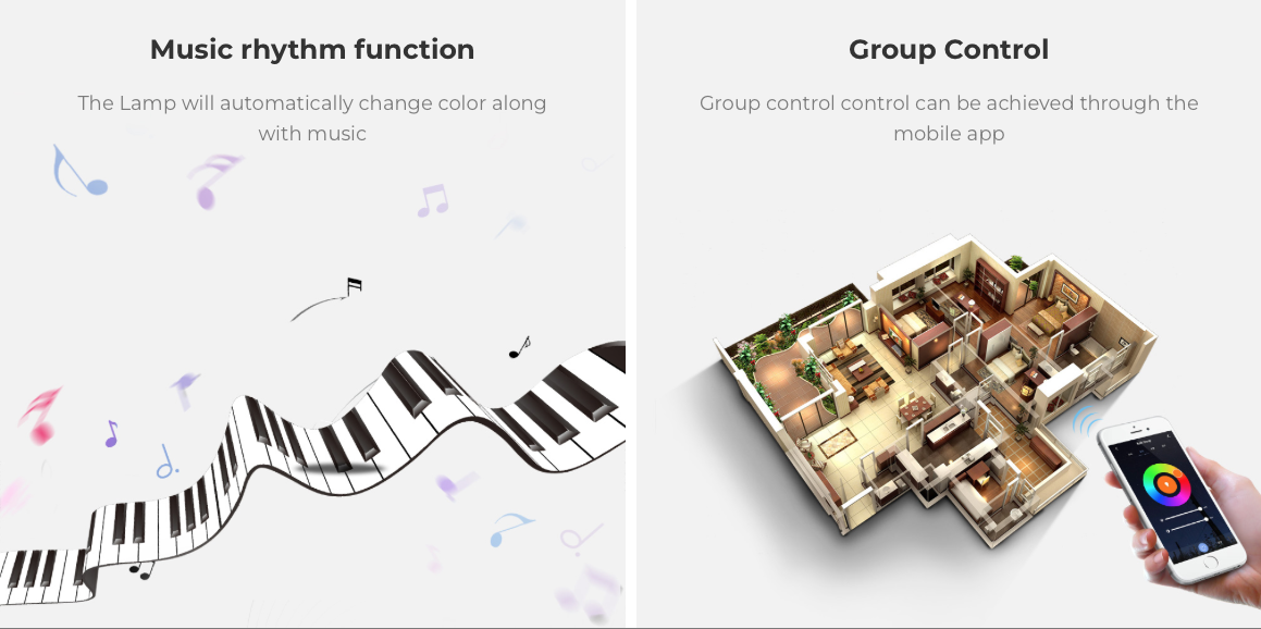 Music rhythm function and group control feature for MiBoxer LED Downlight, changing color with music and allowing control of multiple lamps through the mobile app.