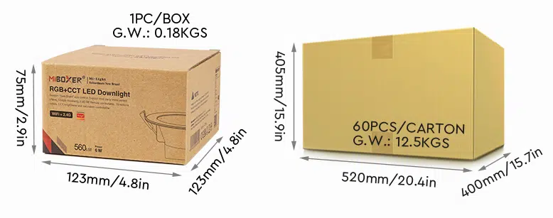 Packaging details of MiBoxer 6W RGB+CCT LED Downlight, showing individual box and carton dimensions.