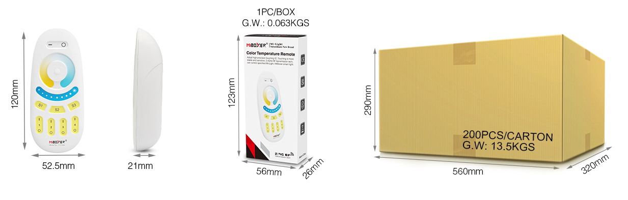 MiBoxer remote (120x52.5x21mm) with box (123x56x26mm) and carton (560x320x290mm, 13.5kg) packaging dimensions.