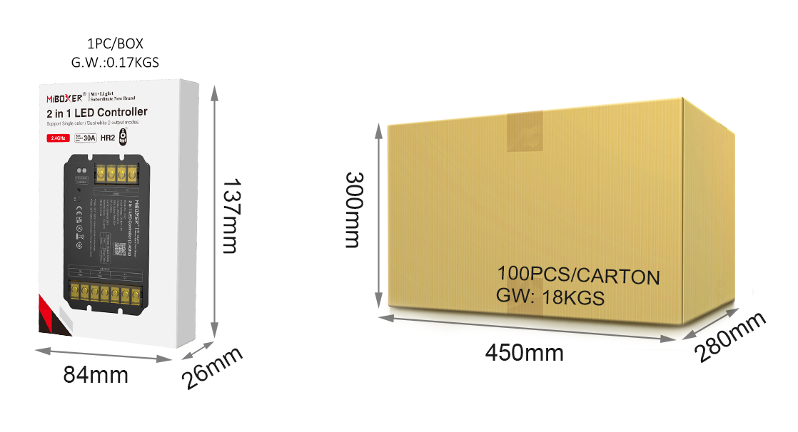 MiBoxer 2-in-1 LED controller product packaging with measurements. The dimensions of a single product box are 137mm by 84mm by 26mm, while the carton dimensions are 450mm by 300mm by 280mm for 100 units.