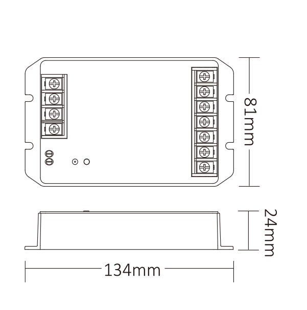 Technical drawing of the MiBoxer 2-in-1 LED controller showing its dimensions (134mm by 81mm by 24mm) from different angles.