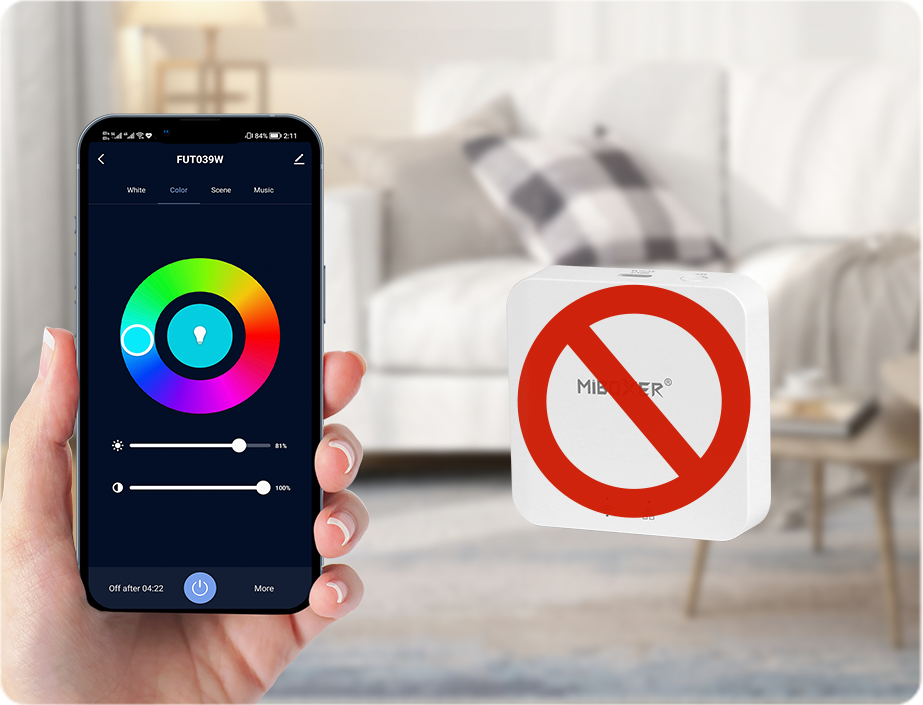 A user interface demonstration of a MiBoxer mobile app, highlighting RGB color wheel control for smart LED lighting and an error indicator on the controller.