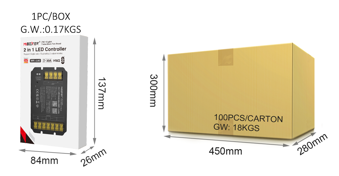 Packaging dimensions and weight information for the MiBoxer 2-in-1 LED Controller, showcasing individual box and carton sizes with corresponding weight details.