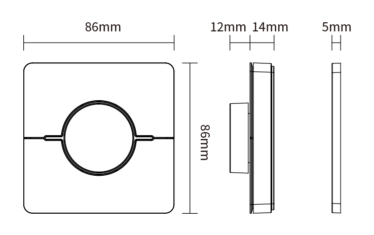 Diagram of a square control panel with a central dial, showing dimensions of 86mm by 86mm. The profile view illustrates the panel's depth, including components like the dial and wall mounting section.