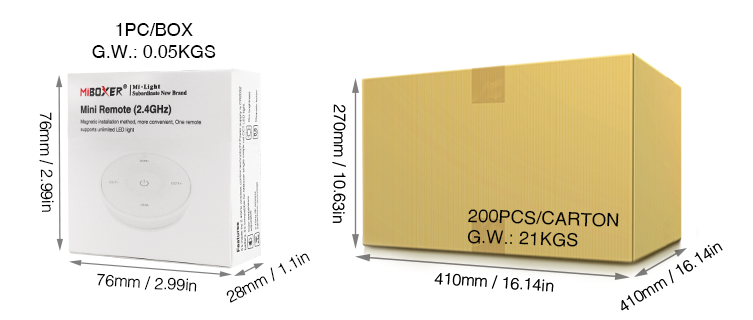 A packaging box for the MiBoxer Mini Remote (2.4GHz) with dimensions 76mm x 76mm x 28mm, next to a larger cardboard box labeled for 200 pieces per carton with the dimensions 410mm x 410mm x 270mm and a weight of 21kg.