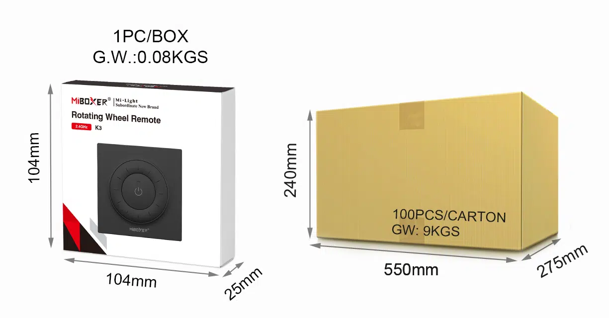 The image shows the MiBoxer Rotating Wheel Remote K3 packaging alongside a large carton box. Packaging dimensions are 104mm x 104mm x 25mm, while the carton measures 550mm x 275mm x 240mm, weighing 9kg for 100 pieces.