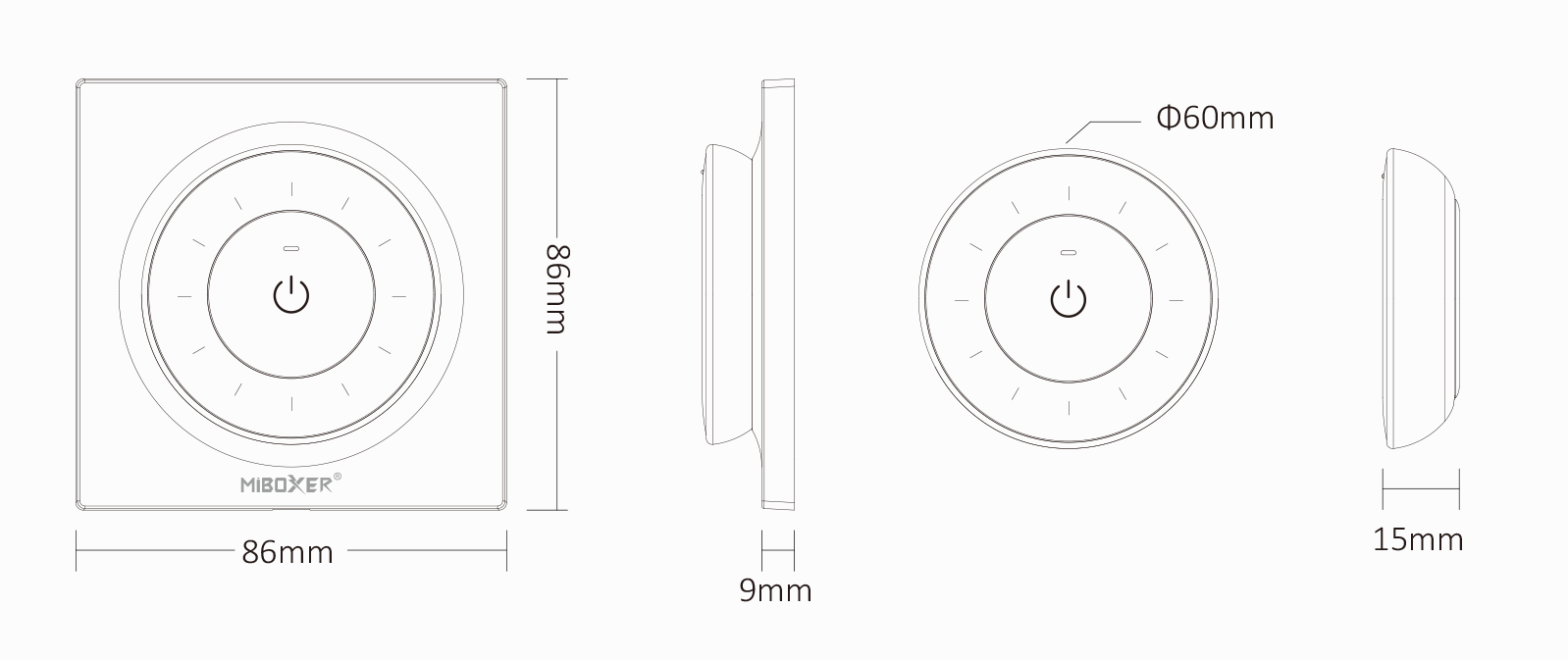 This diagram highlights the dimensions of the MiBoxer Rotating Wheel Remote K3. The front view shows the 86mm width, while the depth is detailed as 9mm. The central dial's diameter is 60mm with a depth of 15mm.