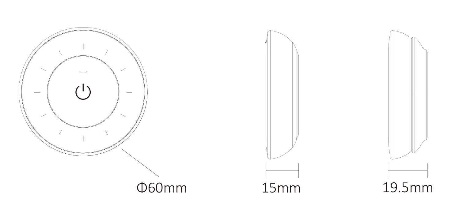 Technical drawing of MiBoxer Mini Remote with dimensions: diameter 60mm, thickness 15mm, and wall mount depth of 19.5mm.