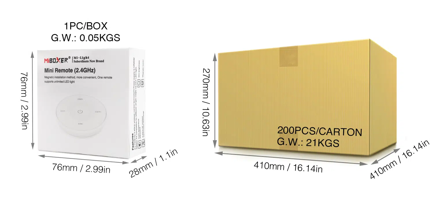 MiBoxer Mini Remote (2.4GHz) packaging with dimensions 76mm x 76mm x 28mm, alongside a carton box for 200 pieces measuring 410mm x 270mm x 270mm, gross weight 21kg.