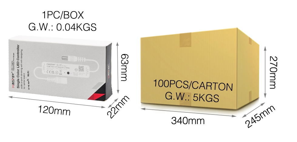 Packaging Dimensions for MiBoxer Mini Single Color LED Controller – A box and carton size comparison for the MiBoxer MLR1 Mini LED controller, highlighting shipping dimensions.