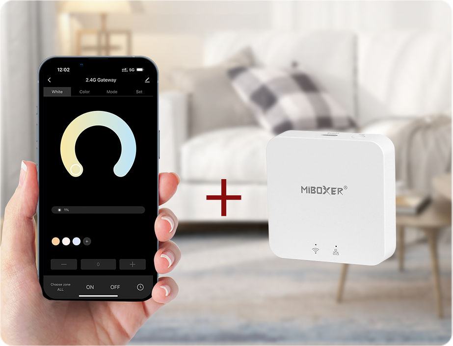 A hand holding a smartphone showing the MiBoxer app interface for controlling light color temperature, next to a MiBoxer 2.4G Gateway device. The background shows a living room with a sofa and a table.