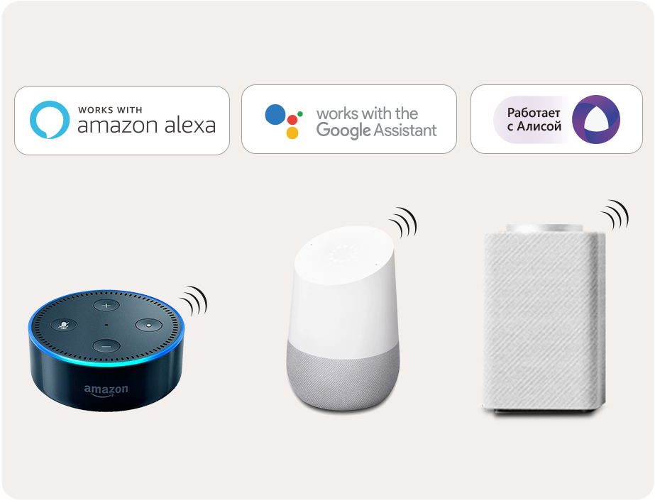 Various smart home devices including an Amazon Echo Dot, Google Home, and another smart speaker are displayed with labels indicating compatibility with Amazon Alexa, Google Assistant, and Alice (Russian voice assistant).