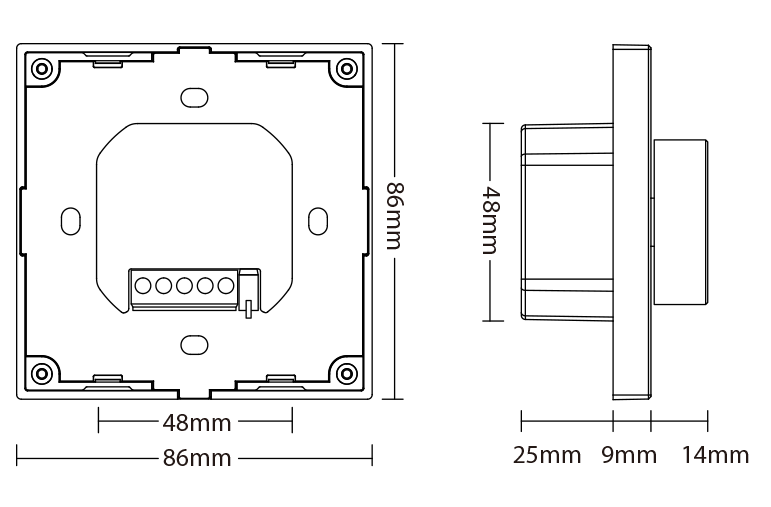 Technical drawing showing the back and side view dimensions of a MiBoxer panel controller. The front plate measures 86mm by 86mm, with a depth of 25mm including a 14mm inset.