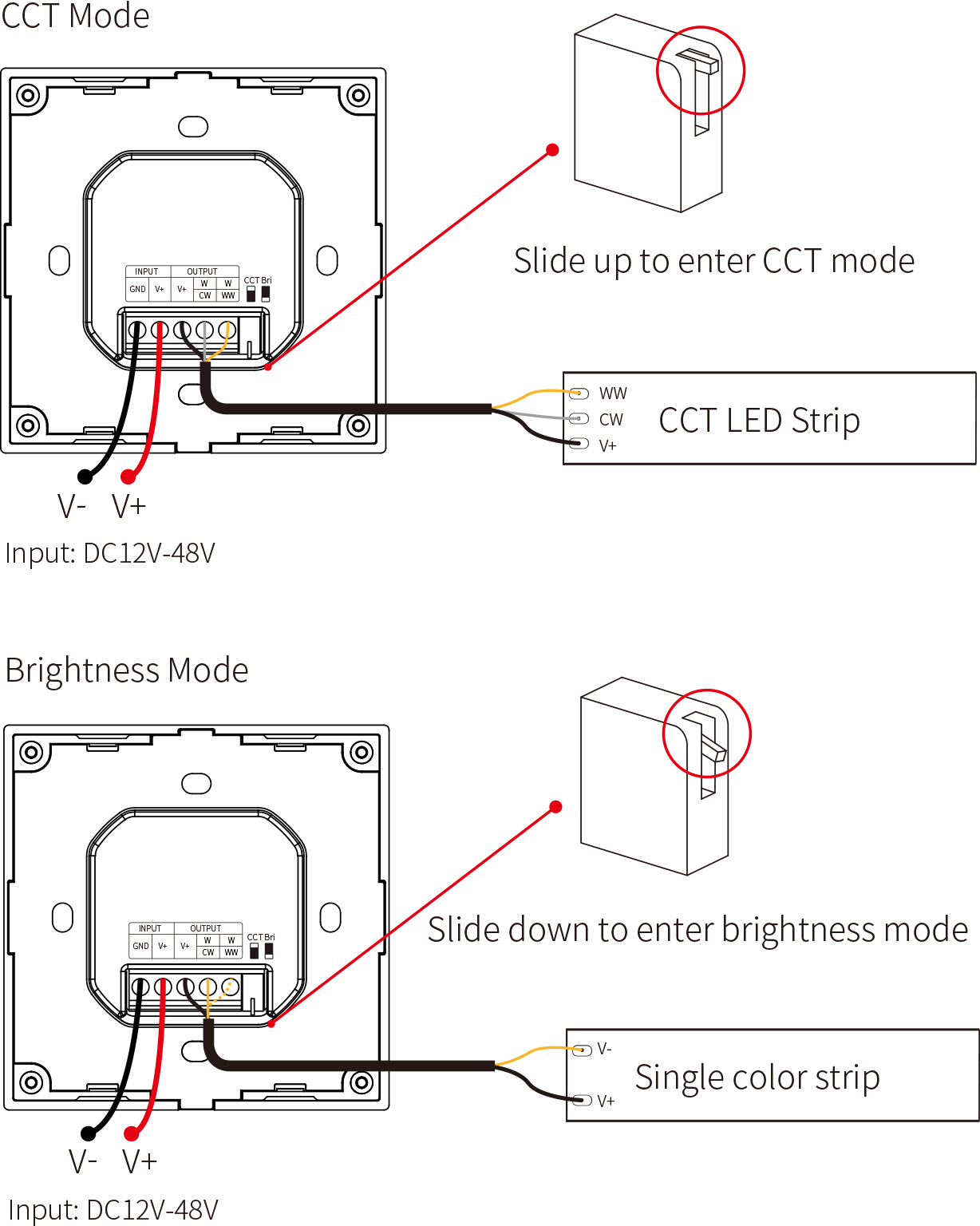 A cross-sectional diagram of a MiBoxer LED light fixture installation, showing the alignment of the light within a recessed area and the connection details.