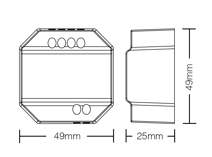 Technical drawing of the MiBoxer 2.4GHz wireless dimming controller, including dimensions: 49mm x 25mm.