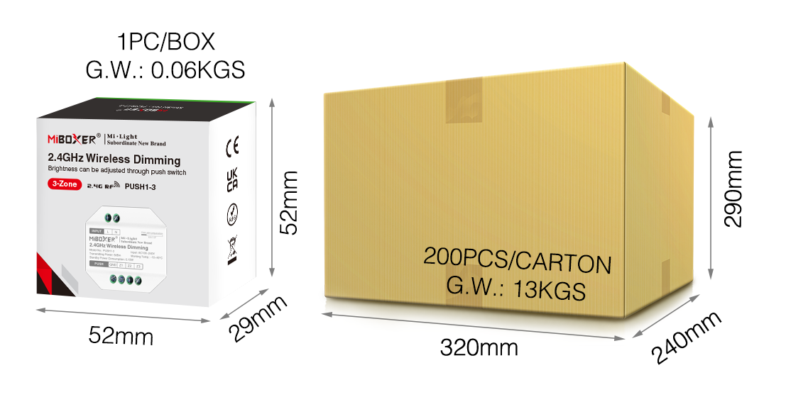 MiBoxer 2.4GHz wireless dimming controller packaging and shipping box details: 1 piece per box, 200 pieces per carton.