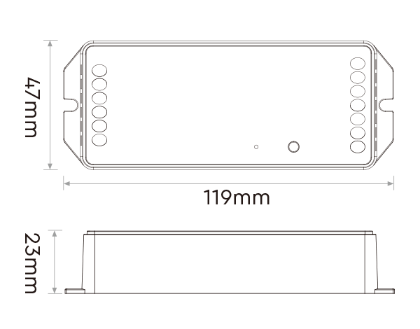 Technical dimensions for the MiBoxer LED controller, with 119mm length, 47mm height, and 23mm depth.