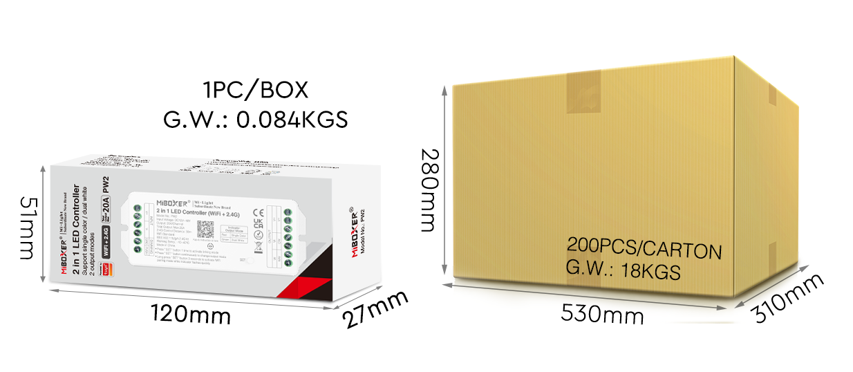 MiBoxer LED controller packaging dimensions: 120mm x 51mm x 27mm, and a carton for 200 pieces, measuring 530mm x 310mm x 280mm.