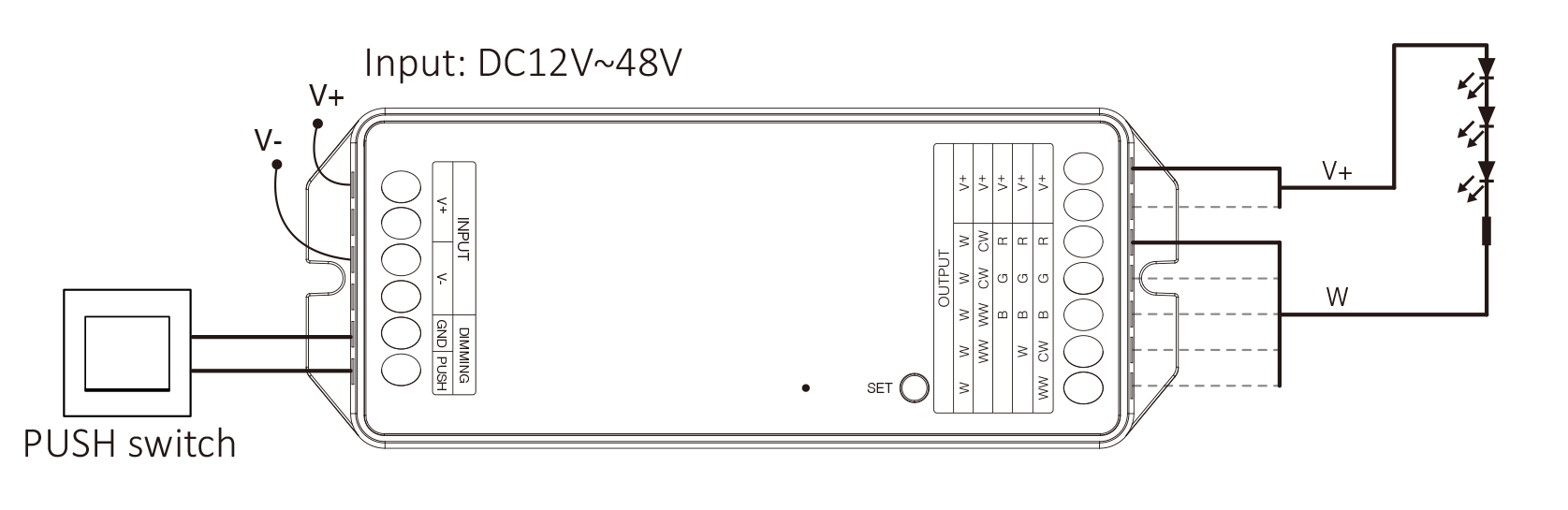 A visual of a controller device with power input/output labels and wiring instructions, featuring a push switch, designed for input voltage DC12V to 48V.