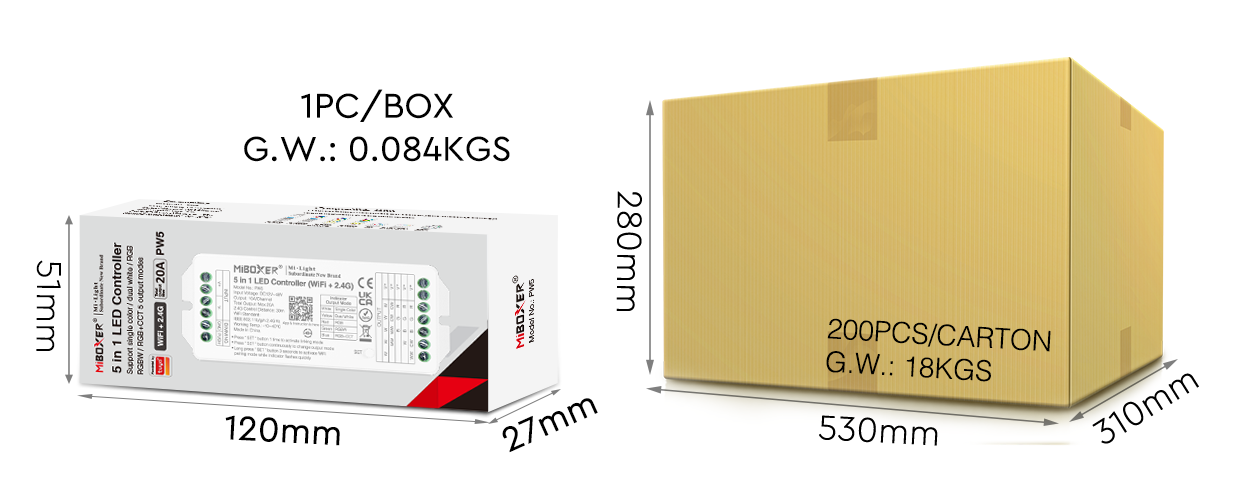 The packaging illustration for a controller, showing individual box dimensions of 120mm x 51mm x 27mm and a carton packaging of 200 pieces with a total weight of 18kg.