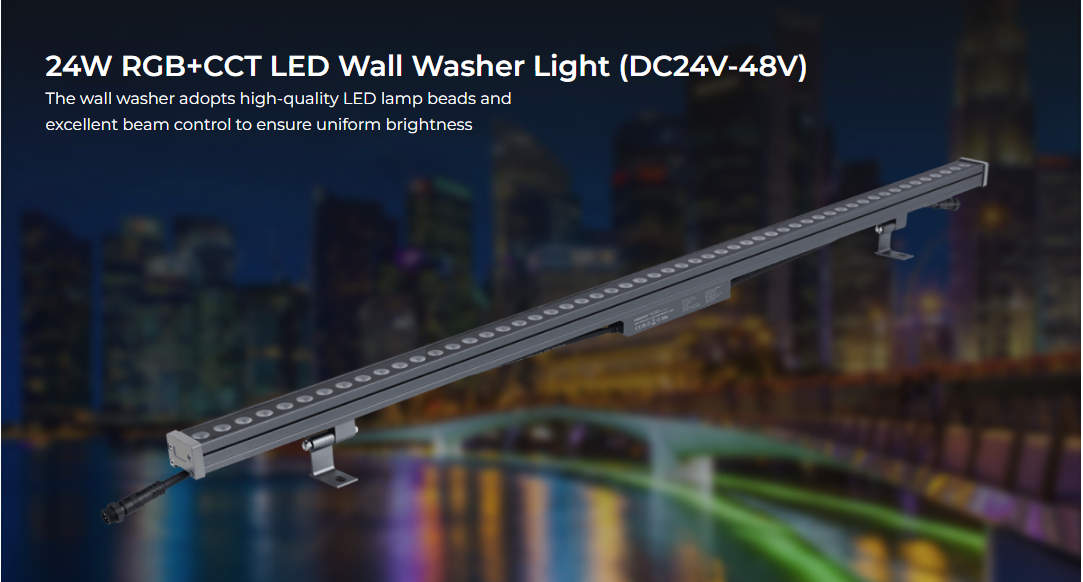 MiBoxer 24W RGB+CCT LED wall washer light, featuring a long, slim design with multiple mounting brackets and a cable for connection.