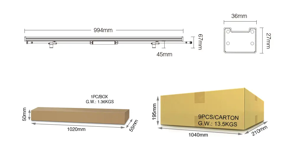 Technical drawing showing the dimensions of the MiBoxer LED wall washer light, including product and packaging sizes for easy installation.