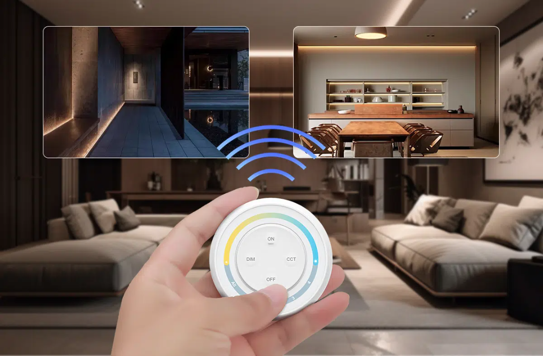 Hand holding wireless remote controlling lights; corridor leading to a pool, cosy dining area, and a stylish living room in the background.
