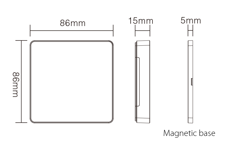 MiBoxer smart panel switch dimensions: 86mm x 86mm x 15mm with a magnetic base.