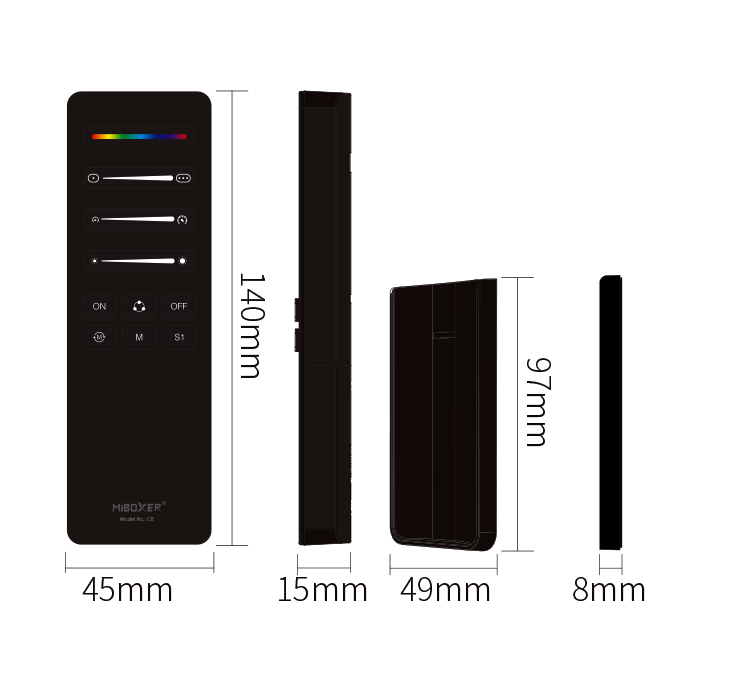 Diagram displaying the dimensions of the MiBoxer C6 Pixel Remote Control from multiple angles, showing lengths of 140mm, 45mm, and thicknesses of 15mm and 8mm.