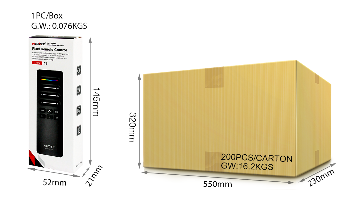 Image shows a single box of a MiBoxer C6 Pixel Remote Control with dimensions (145mm x 52mm x 27mm) and a carton box containing 200 units with dimensions (550mm x 230mm x 320mm) and gross weight of 16.2kg.