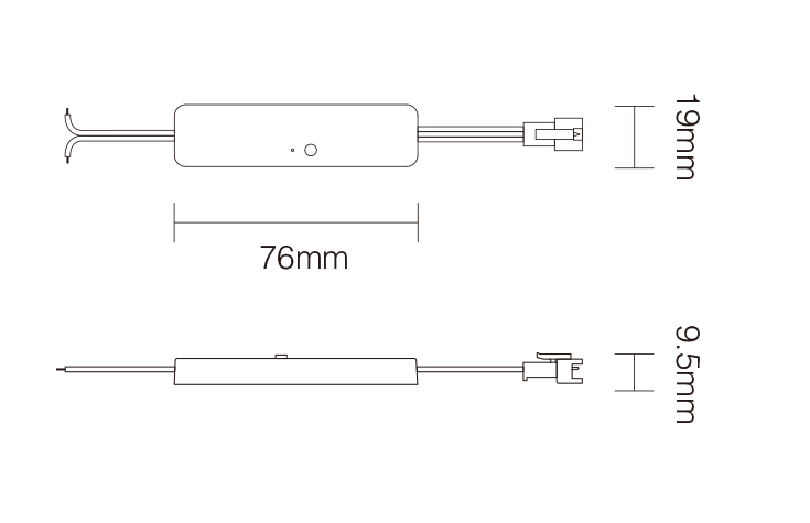 Schematic drawing of an LED controller with measurements from top and side views.