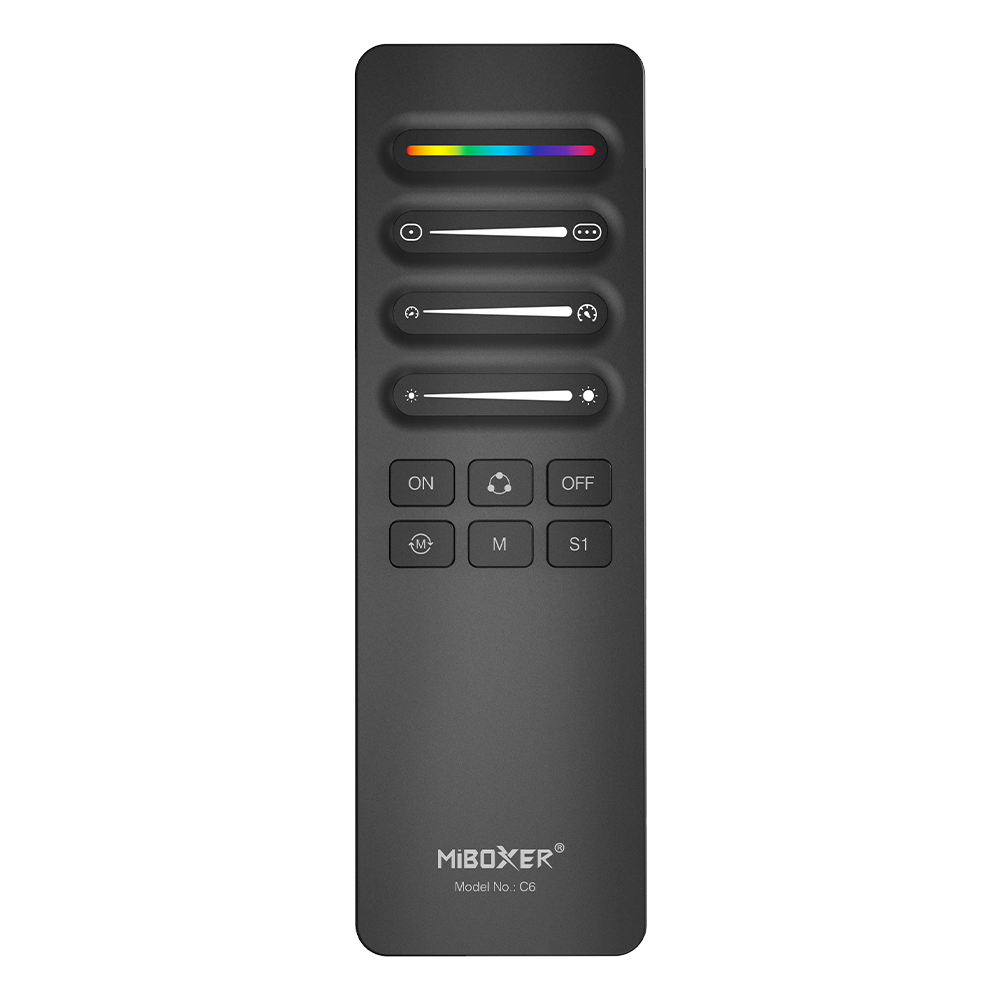 Black MiBoxer remote control with RGB color strip and various sliders and buttons for lighting controls.